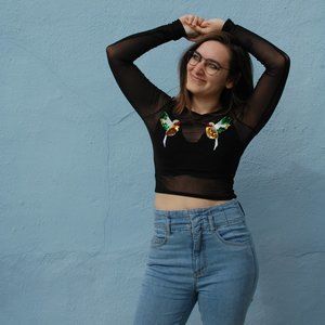 Long-Sleeved Mesh Crop Top